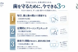歯を守るために今できる3つ：毎日歯間清掃、定期的なクリーニングとチェック、歯並びに問題があれば適切な矯正治療